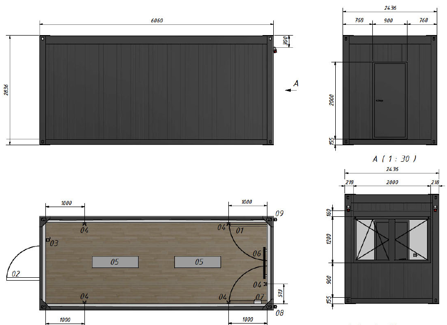 Technische Maßzeichnung des Bürocontainers 6,00 x 2,44 m mit Grundriss, Seiten- und Stirnansicht
