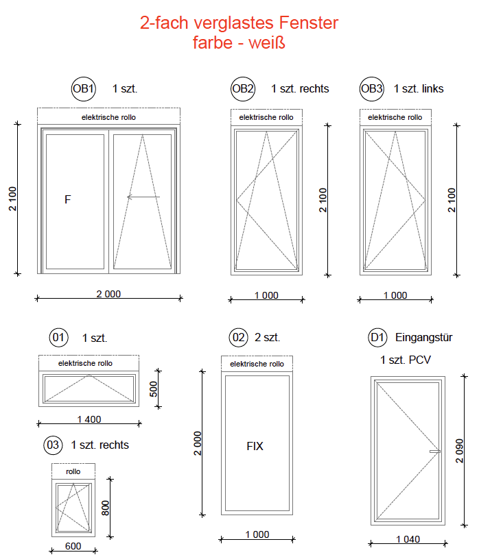 Maßzeichnung der Fenster und der Eingangstür mit elektrischen Rollläden für das Premium Tiny House