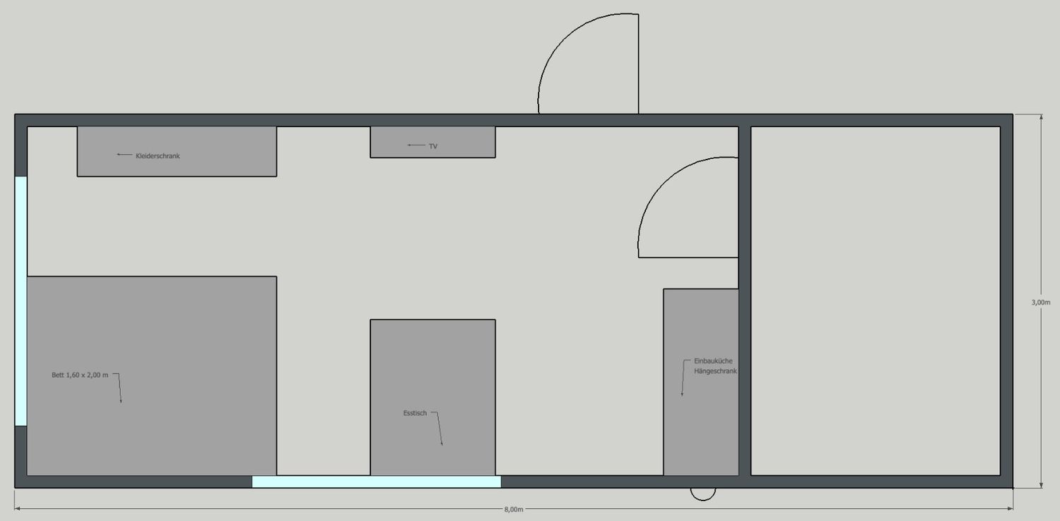 Grundriss-Zeichnung des Wohncontainers mit eingezeichnetem Bett, Esstisch und Einbauküche