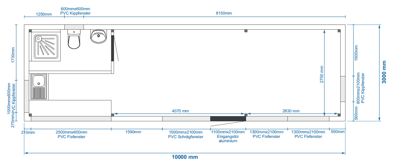 Technische Zeichnung mit Grundriss des Tiny House 10,00 x 3,00 m und Maßangaben zu Fenstern und Tür