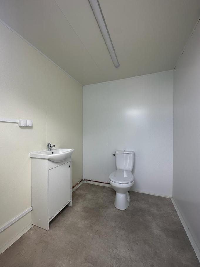 Innenansicht mit Toilette, Waschtisch mit Unterschrank, Leuchtstoffröhre und grauem Bodenbelag