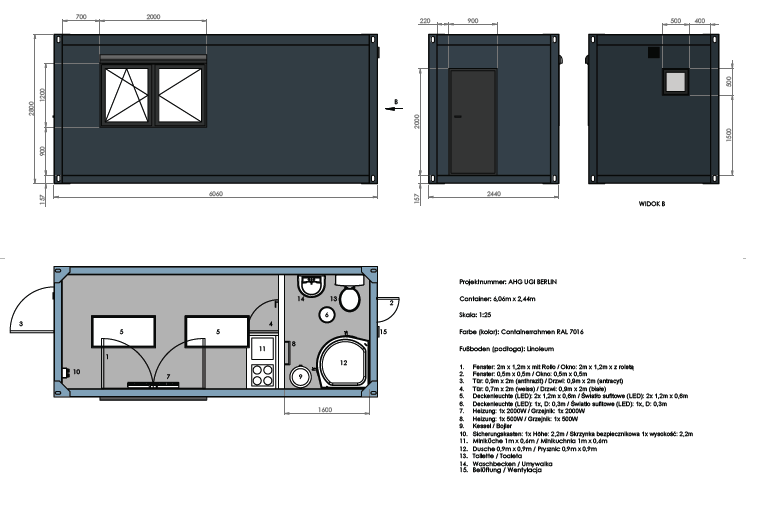 Technische Zeichnung mit Ansichten und Grundriss des Wohncontainers 6,00 x 2,44 samt Ausstattungsliste
