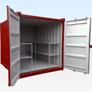 Roter 10-Fuß-Auffangwannen-Lagercontainer mit geöffneten Türen, weißem Innenraum und zwei Regalen