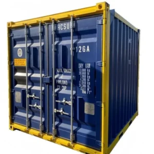 Freigestellte Ansicht des 10-Fuß-Offshore-Containers in Dunkelblau mit gelbem Rahmen und Türseite