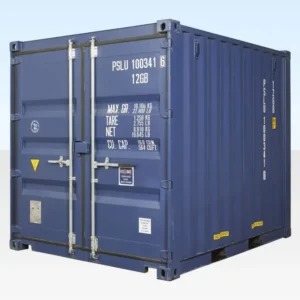 Blauer 10-Fuß-Seecontainer in Schrägansicht, Türseite und geriffelte Längswand mit Staplertaschen unten