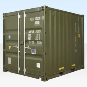 Grüner 10-Fuß-Seecontainer schräg von vorn, mit Doppeltür, Verriegelungsstangen und Gabelstaplertaschen