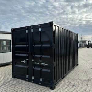 Schwarzer 15 Fuß Lagercontainer in Schrägansicht, Doppelflügeltür geschlossen mit Verriegelungsstangen