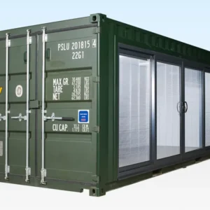 Dunkelgrünes 20-Fuß-Container-Büro mit Glasschiebefront an der Längsseite und geschlossenen Stirntüren