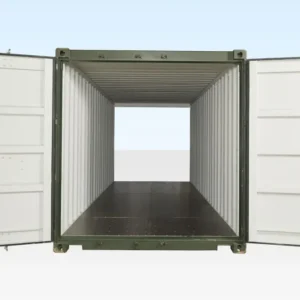 Durchblick durch den geöffneten 20-Fuß-Tunnelcontainer mit weißen Innenwänden und dunklem Holzboden