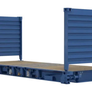 Freigestellte Ansicht des blauen 20-Fuß-Flatrack-Containers mit aufgestellten Stirnwänden und Holzdeck