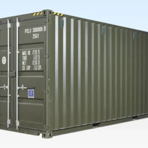 Olivgrüner 20-Fuß-High-Cube-Container schräg von vorn, Türen zu, gelb-schwarze Eckmarkierungen
