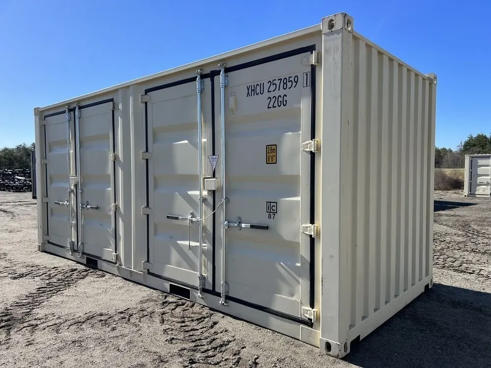 Von der Ecke betrachtet: Türflügel der Seitenwand und gewelltes Stirnprofil des beigen Containers