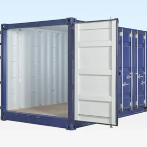 Schrägansicht des 20-Fuß-Open-Side-Containers mit offenen Stirntüren und Türreihe an der Längsseite