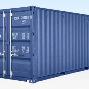 Schrägansicht des dunkelblauen 20-Fuß-Seecontainers mit verriegelten Türen und Wellblechseitenwand