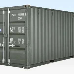 Dunkelgrüner 20-Fuß-Seecontainer schräg von vorn, verschlossene Türen mit Verriegelungsstangen