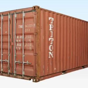 Außenansicht des 20-Fuß-Seecontainers in Rostbraun mit geschlossenen Doppeltüren und Verriegelungsstangen
