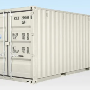 Weißer 20-Fuß-Seecontainer in Schrägansicht, geschlossene Doppeltüren mit Verriegelungsstangen, Trapezblechwand