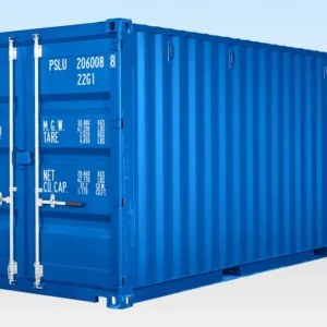 Seitlich-schräge Außenansicht des blauen 20-Fuß-Selfstorage-Containers mit verriegelten Doppelflügeltüren