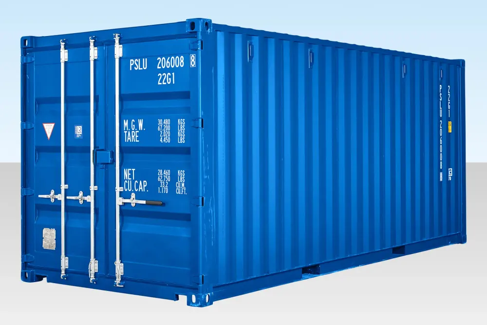 Seitlich-schräge Außenansicht des blauen 20-Fuß-Selfstorage-Containers mit verriegelten Doppelflügeltüren