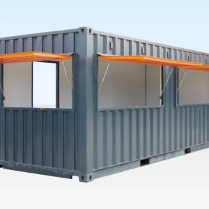 Außenansicht des 20-Fuß-Verkaufscontainers in Anthrazit mit hochgeklappten orangefarbenen Ausgabeklappen