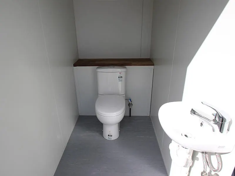 Detailaufnahme des Sanitärbereichs mit WC, Wandablage und weißem Waschbecken mit Armatur