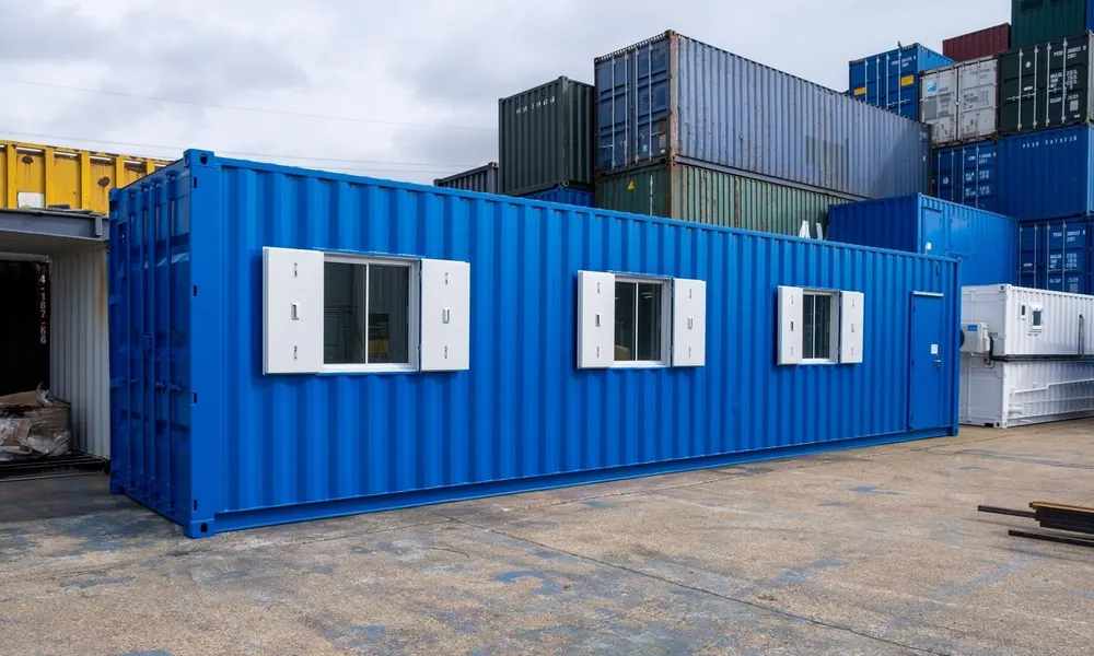 Blauer 40-Fuß-Bürocontainer mit drei weiß gerahmten Fenstern und Seitentür auf einem Containerstellplatz
