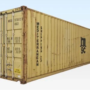 Schrägansicht des gelben 40-Fuß-High-Cube-Containers mit geschlossenen Türen vor hellem Hintergrund