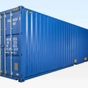 Blauer 40-Fuß-High-Cube-Container mit geschlossenen Doppeltüren in Schrägansicht