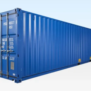 Blauer 40-Fuß-ISO-Seecontainer in Schrägansicht mit geschlossenen Doppeltüren und Stapelecken