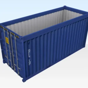 Blauer 40-Fuß-Open-Top-Container schräg von oben, offene Dachöffnung, freigestellt vor hellem Hintergrund