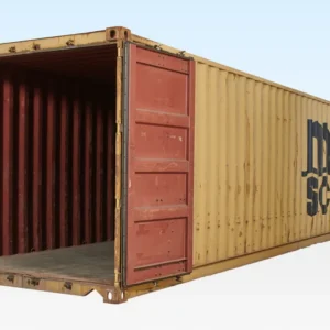 Geöffneter 40-Fuß-Seecontainer in Beige mit rotbraun gestrichenem Innenraum und Holzboden