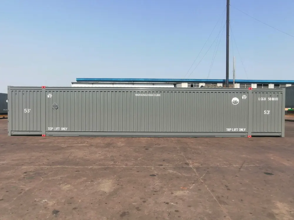 Seitenansicht des grauen 53-Fuß-Containers in voller Länge mit Markierungen 53' und TOP LIFT ONLY