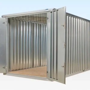 Geöffnete Flügeltüren am 6-m-Flachpack-Lagercontainer XL geben den Blick auf den Holzboden frei