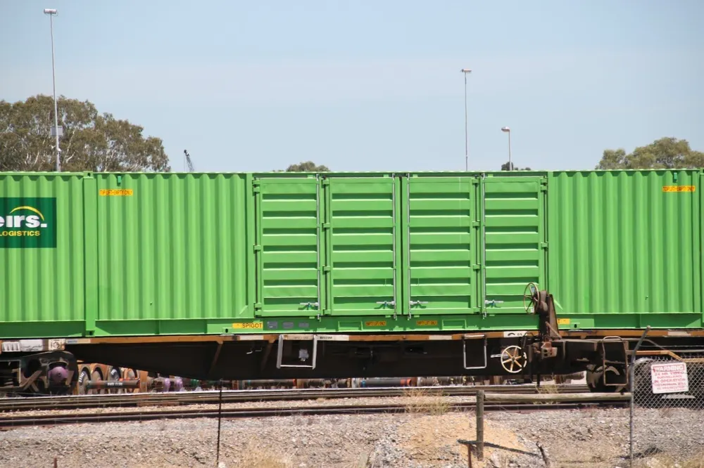 Abweichende grüne Einheit auf einem Bahnwaggon mit seitlichen Doppeltüren in der Längswand