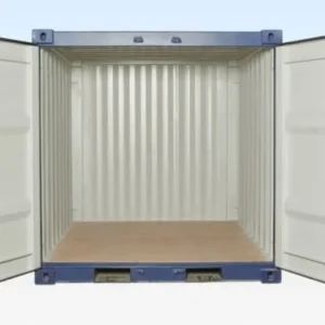 Offene Doppeltüren des blauen 8-Fuß-Seecontainers One-Trip mit Blick auf Holzboden und helle Innenwände