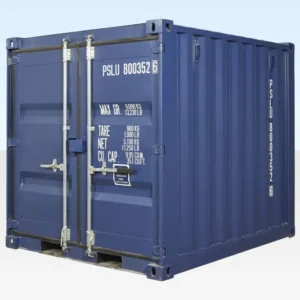 Schräge Außenansicht des blauen 8-Fuß-Seecontainers mit Doppeltür und umlaufendem Eckpfostenrahmen