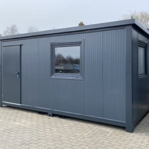 Bürocontainer 5,00 x 2,40 m in Anthrazit mit Eingangstür, Seitenfenster und Fenster an der Stirnseite