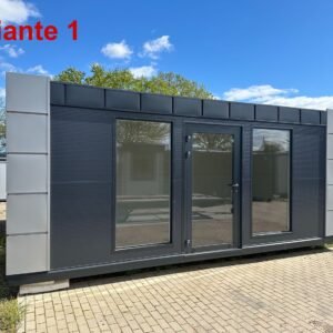 Variante 1 des Bürocontainers 6,00 x 2,80 m: anthrazitfarbene Front, helle Eckpaneele, Glastür mit Fixfenstern