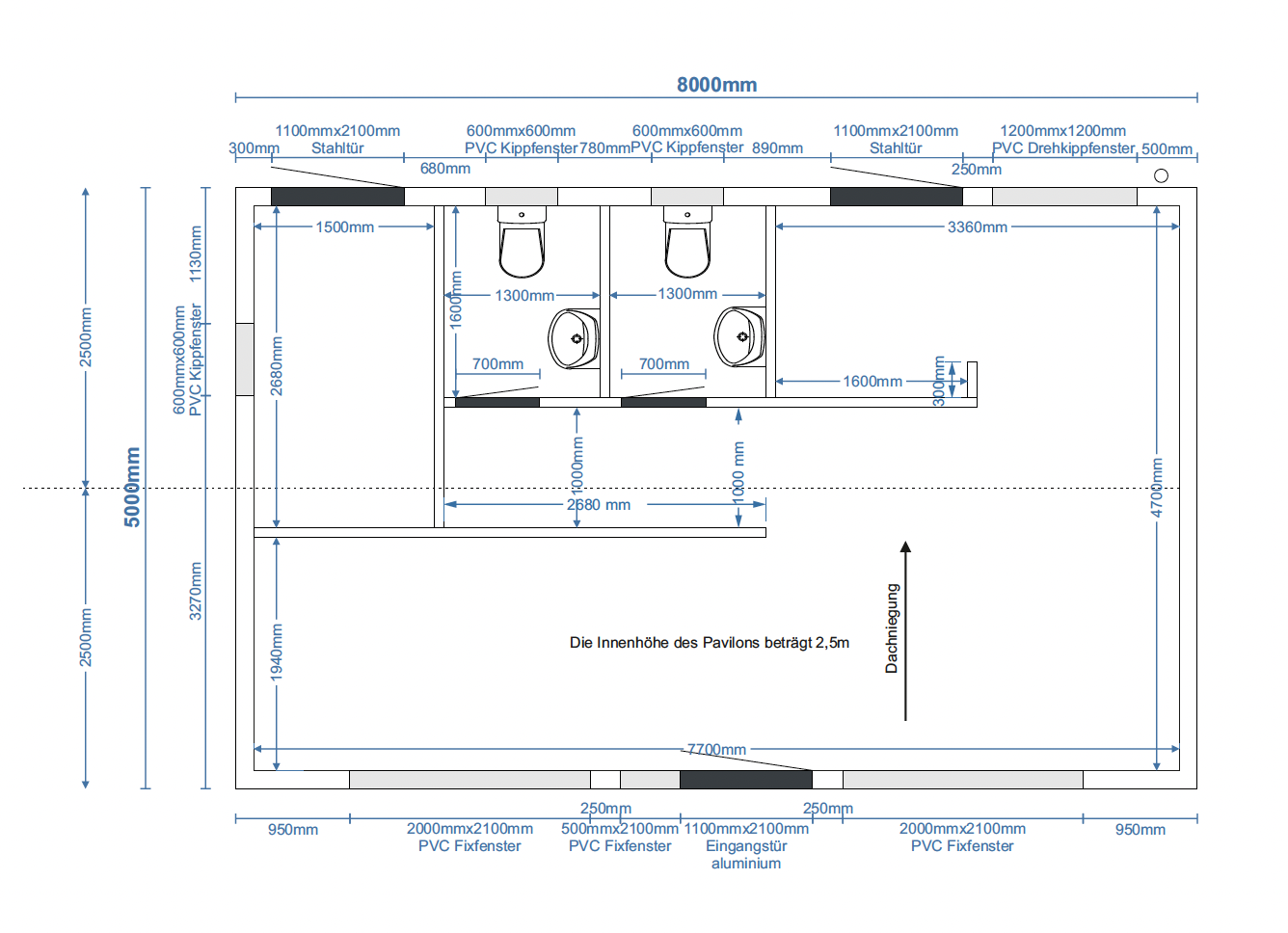 Grundrisszeichnung des Imbisscontainers 5,00 x 8,00 mit bemaßten Fenstern, Türen und zwei WC-Räumen