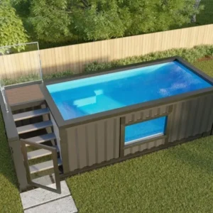 Rendering eines Pool-Containers im Garten, mit Außentreppe, Holzdeck, Sichtfenster und Wasserbecken