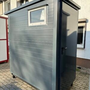 Außenansicht des Sanitärcontainers 2,00 x 1,15 m in Anthrazit mit Kippfenster und Eingangstür
